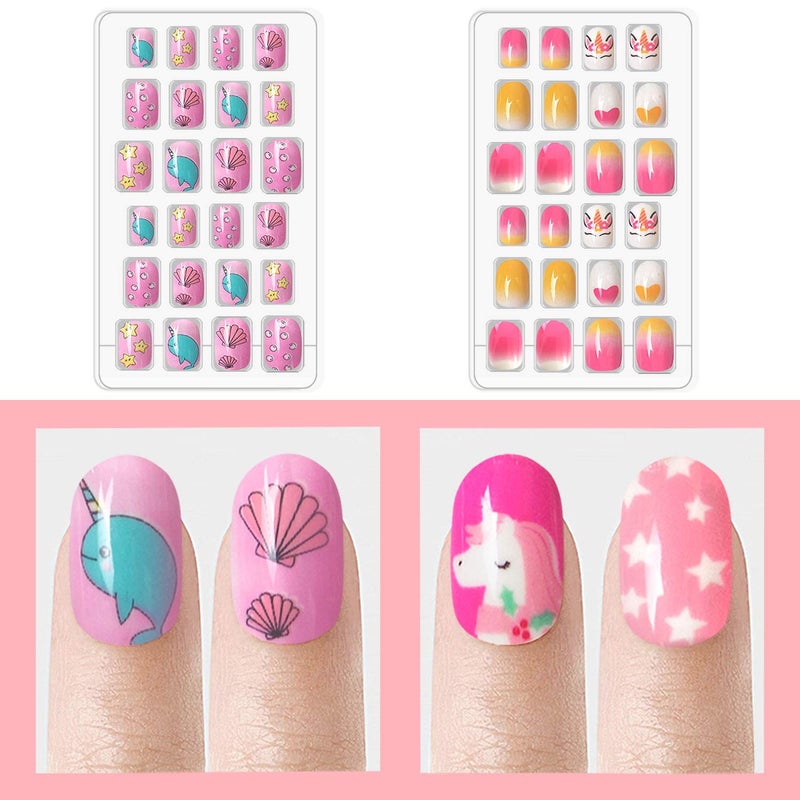 Laza 120pcs Children Nails Press On Pre-glue Full Cover Glitter Gradient Color Rainbow Sparkling Star Unicorn Shell Short False Nail Kits for Kids Teenager Girls - Legend of Unicorn - Image 2